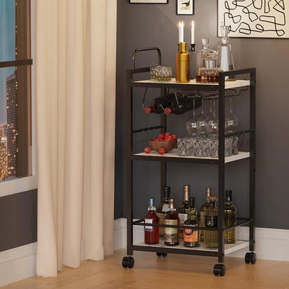 Bar Cart for The Home, 3 Tier Kitchen Carts with Wheels, Small Rolling Cart with Glass Holders, Wine Rack, Mini Bar Cart for Kitchen, Dining room, Living Room, 13.0"D x 17.0"W x 33.8"H, Marble White