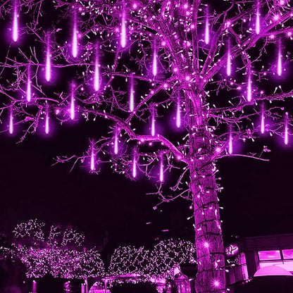 Purple Meteor Shower Lights for Halloween Christmas Decor Yard Outside | 16 Tubes, Equivalent to 2 Sets of 8-Tube, Waterproof Purple Icicle Lights for Oudoor Halloween Xmas Decorations, UL Plug