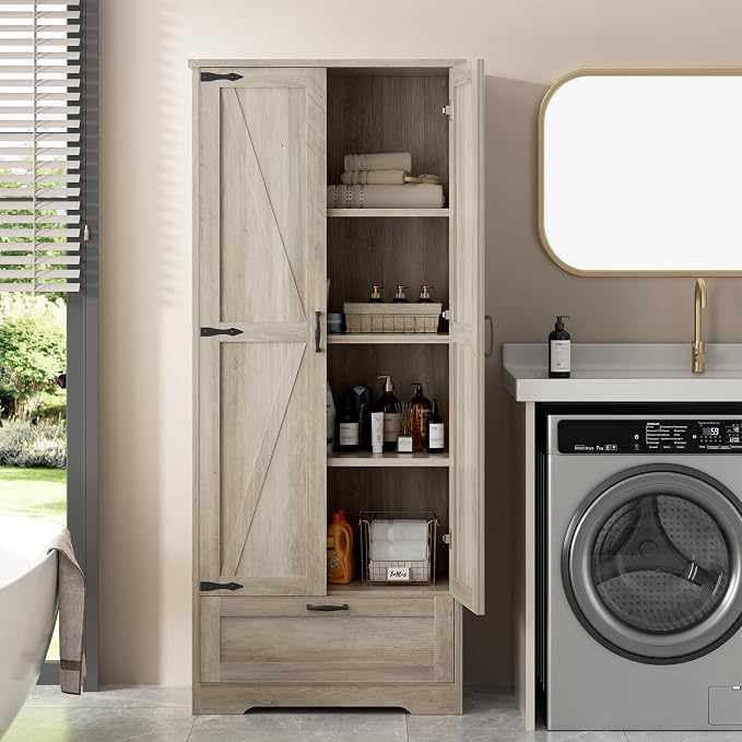 Shintenchi Kitchen Pantry Cabinet, Freestanding Farmhouse Storage Cabinet with 4 Shelves and 1 Drawer, Tall Cupboard for Kitchen, Living Room, Dining Room and Bathroom, Ash Gray