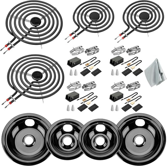 Porcelain Drip Pans & MP22YA Burner Element Set & 330031 Receptacle Kit Compatible with Frigi-daire Cro-sley Tap-pan Ken-more, Include 2 6" & 2 8" Black Drip Pans and Stove Burner, 4 Receptacle kit
