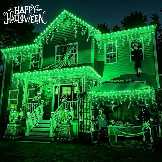 QITONG Green Halloween Lights, 33ft 400 LED Icicle Light for Outside with 8 Modes, Clear Wire Connectable Christmas String Lights Plug in Indoor