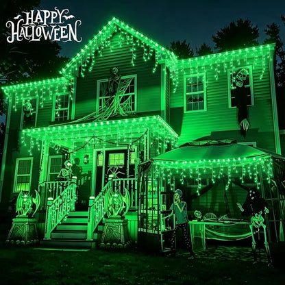 QITONG Green Halloween Lights, 33ft 400 LED Icicle Light for Outside with 8 Modes, Clear Wire Connectable Christmas String Lights Plug in Indoor