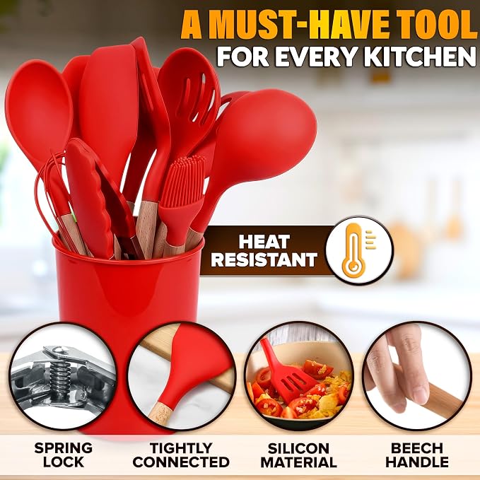 12 Pcs Red Kitchen Accessories with Holder for Nonstick Cookware | Silicone Cooking Utensils Set for BBQ; Heat-Resistant Tools with Wooden Handles for Baking, Serving, Frying, and Mixing