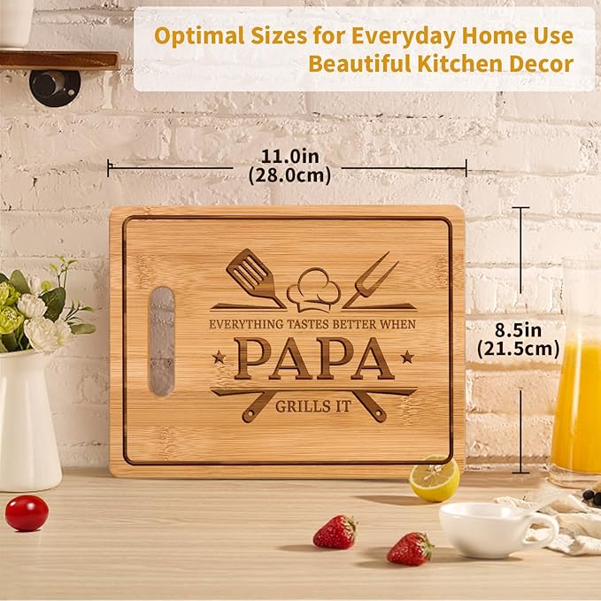 Papa Gifts, 11x8.5inch Engraved Bamboo Cutting Board, Christmas Fathers Day Birthday Gifts for Papa from Grandkids Daughter Son, Present for Father Daddy Dad