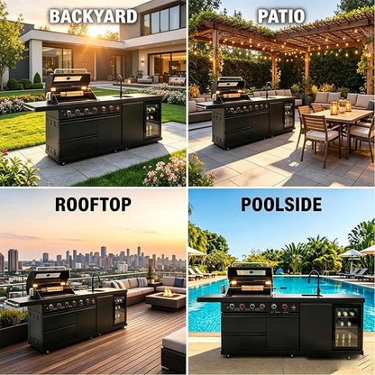 Outdoor Kitchen Island Grill, 6-Burner Gas Grill with Refrigerator, Sink & Food Prep Countertop, Heavy Duty Stainless Steel Modular Outdoor Kitchen for Backyard, Patio