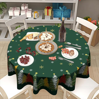 Sweetshow Xmas Trees Table Cloth Round 70 Inch Polyester Table Cover | Green Xmas Table Cloth Round White Snowflake Tablecloth Washable Stain and Wrinkle Xmas Round Table Cover for Dining Picnic