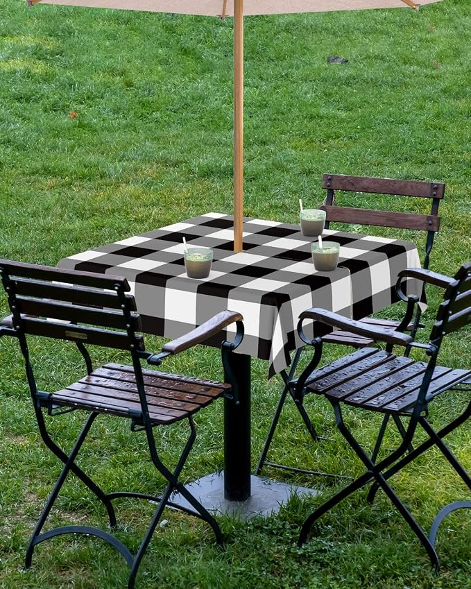 Black and White Checkered Outdoor Tablecloth - 54x54 Inch Square Dining Table Cover, Farmhouse Buffalo Plaid Waterproof Outdoor Table Cloth with Umbrella Hole & Zipper for Picnic/Patio/Party