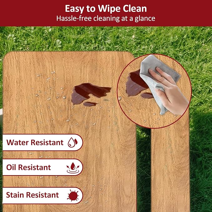 8ft 96in Picnic Table and Bench Cover, 3 Pack, Wood Grain | Drawstring Bag, Waterproof Windproof, Elastic Fitted Edges Tablecloth, for Rectangle Table & Seat, Camping Essentials RV Gear