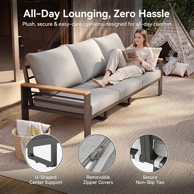 Aoxun Aluminum Outdoor Patio Furniture Set, 5 Seats Outdoor Sectional with Coffee Table, Patio Conversation Sets with Upgraded Armrests and Cushions for Backyard, Garden and Poolside（Grey）
