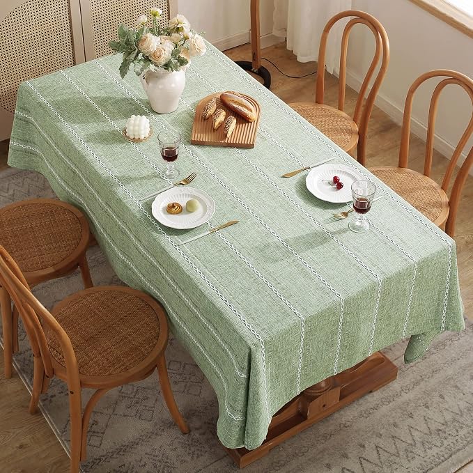 Chassic Rectangle Tablecloth 60 x 84 Inch, Farmhouse Boho Linen Table Cloths, Wrinkle Free & Washable Tablecloths for Dining Tables, Spring Kitchen Decor – Hemstitch Sage Green