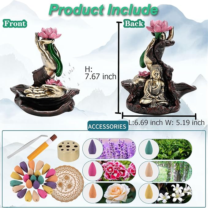 Waterfall Incense Burner, River Incense Holder, Meditation Decor with Upgrade Incense Cones and Accessories (Lotus Hand)