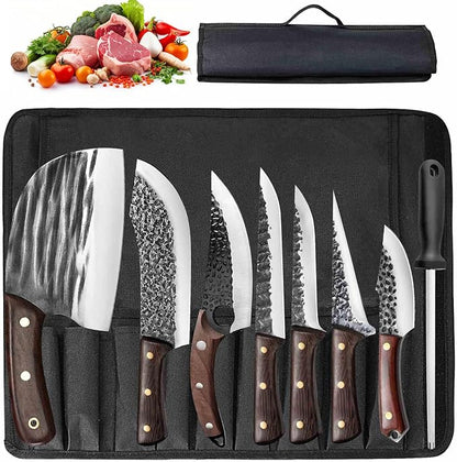 ZENG 8 Pieces Butcher Knife Set with Roll Bag, Chef Knife Set for Meat Cleaver Cutting & Viking Knives with Ergonomic Handles, Stainless Steel Hand Forged Kitchen Knife Set for Home, Cooking, Camping