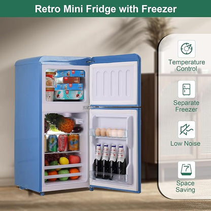 Retro Mini Fridge with Freezer 4.0 Cu. Ft, Small Refrigerator with 7 Level Adjustable Thermostat, Compact Classic Dual Door Fridge Removable Glass Shelves for Apartments, Dorm, Office, Blue