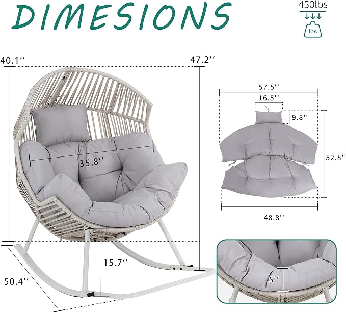 Shintenchi Egg Chair Outdoor, Oversized Outdoor Indoor Wicker Rocking Chair, Large PE Rattan Egg Rocking Chair with Cushion for Patio, Balcony, Backyard, Garden, Light Gray