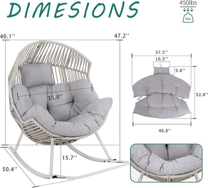 Shintenchi Egg Chair Outdoor, Oversized Outdoor Indoor Wicker Rocking Chair, Large PE Rattan Egg Rocking Chair with Cushion for Patio, Balcony, Backyard, Garden, Light Gray