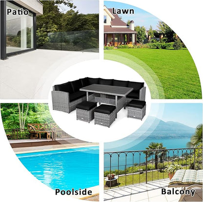 Tangkula 7 Pieces Patio Furniture Set, Outdoor Sectional Rattan Sofa Set with Cushions, All Weather Wicker Conversation Couch Set w/Dining Table & Ottomans for Backyard Garden Poolside, Black
