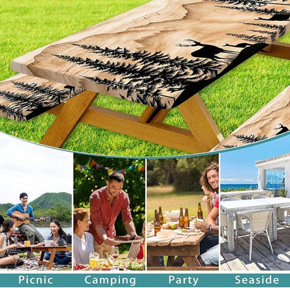 Picnic Table Cover with Bench Covers Camping Essentials Rustic Hunting Deer Forest Waterproof Windproof Camping Tablecloth Fitted Tablecloth Cover with Elastic Edge for Indoor Outdoor 3 PCS 30x60 Inch