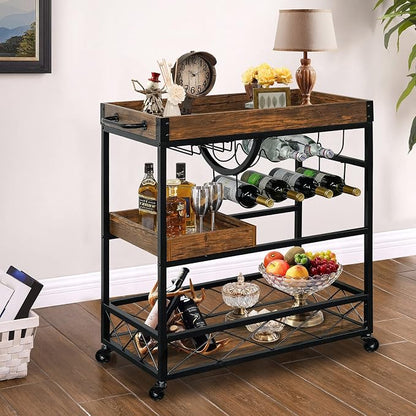 Bar Cart for The Home, 3 Tire Industrial Rolling Serving Cart on Lockable Wheels, Alcoholic Beverage Trolley with 2 Removable Trays, Wine Rack and Glass Holder for Indoor, Outdoor