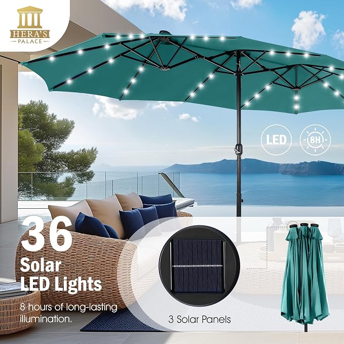 15ft Patio Umbrella with Solar lights & Base, Large Umbrellas, Turquoise | HERA'S PALACE Rectangle Double Market Umbrella with 36 LED Lights, Big Outdoor Umbrellas for Pool Picnic Inground Yard Deck