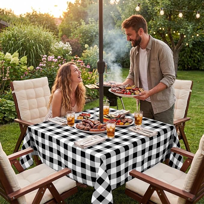 Poise3EHome Square Outdoor Tablecloth with Umbrella Hole and Zipper,Black and White Gingham 60x60 Inch,SpillProof Washable Table Cloth for Spring Summer Patio Garden Poolside Picnic Camping BBQS