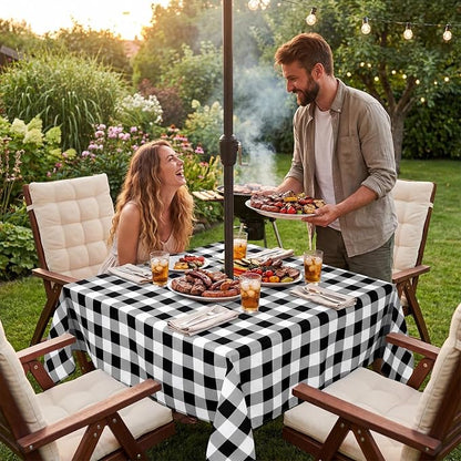 Poise3EHome Square Outdoor Tablecloth with Umbrella Hole and Zipper,Black and White Gingham 60x60 Inch,SpillProof Washable Table Cloth for Spring Summer Patio Garden Poolside Picnic Camping BBQS