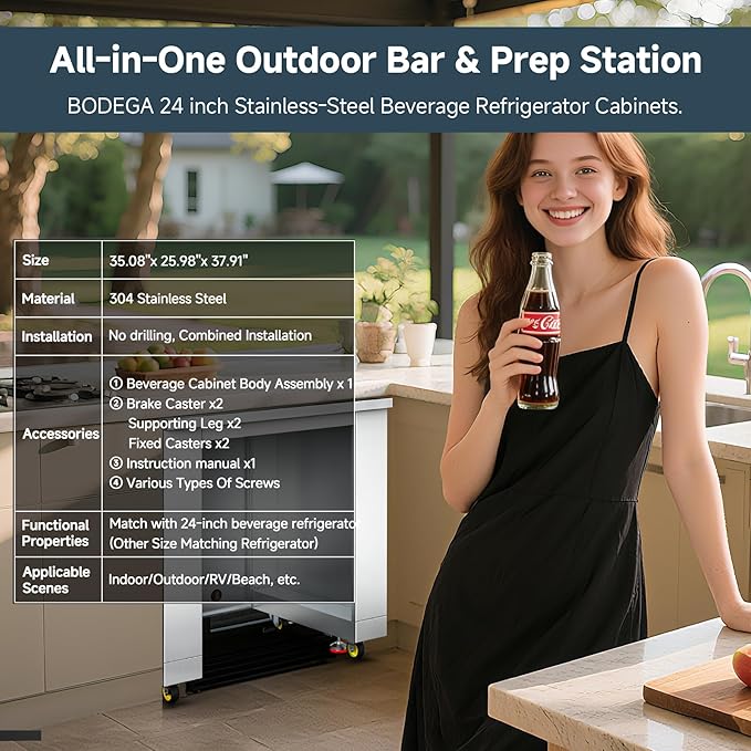 BODEGA Stainless Steel Outdoor Kitchen Cabinet for Beverage Fridge, Under Counter Beverage Refrigerator Cabinet Module is Designed to 24-inch Indoor/Outdoor Under-Counter Refrigerator.