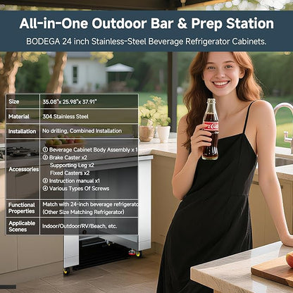 BODEGA Stainless Steel Outdoor Kitchen Cabinet for Beverage Fridge, Under Counter Beverage Refrigerator Cabinet Module is Designed to 24-inch Indoor/Outdoor Under-Counter Refrigerator.