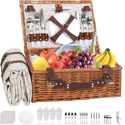 Wicker Picnic Basket Set for 4, Blanket, Cooler Bag, Classic Floral | Four-Person Wicker Set Includes Tableware, Insulated Food Storage and Waterproof Blanket for Parks, Camping, Dates and Gifts