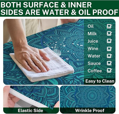 Picnic Table Cover with Bench Covers Elastic Edges, Boho Teal Camper Fitted Table Cover, Outdoor Camping Essentials 72 Inch 3PCS, Waterproof Camping Fitted Tablecloth with Drawstring Bag