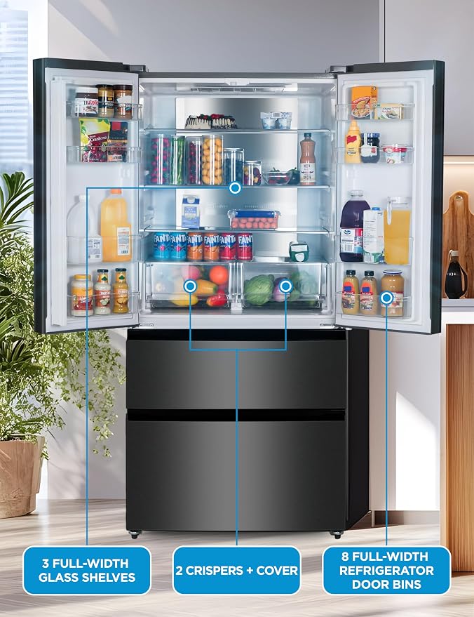 Commercial Cool 18.9 Cu. Ft. French Door Refrigerator, 33 Inch Wide Refrigerator with 2 Bottom Mount Freezer Drawers, Frost Free, LED Lighting, Digital Temperature Control, CCRF1890KB, Black | 33 Inch Wide Refrigerator with 2 Bottom Mount Freezer Drawe...