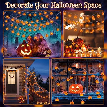 Halloween Lights Battery Operated, Pumpkin String Lights Outdoor | 10Ft, 20LED, Timer, 8 Modes, Clear Wire, 3D Plastic Pumpkin, Waterproof, Orange Cute Decor for Patio Yard Party Home