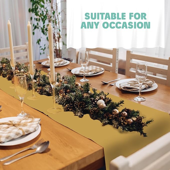 Gold Table Runner – 14" X 110' Premium Plastic Longtable Runners with Cutter Box - Cut to Size - Decorative Rectangle Table Runners - Smooth Table Cloth - Disposable Table Cloths. Parties, Weddings.