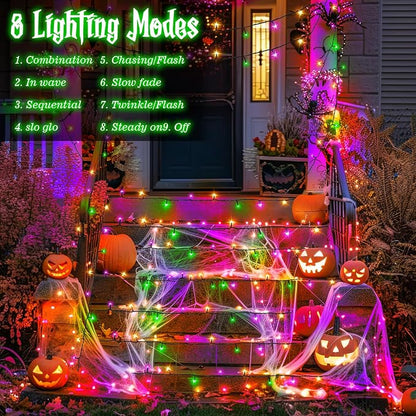 Halloween Lights String Total 100LED Battery Operated Outdoor 8 Modes with Timer 16.4Ft*2, 50LED*2 Waterproof Fairy Lights Indoor for Halloween Decor, Orange&Purple&Green, 2-Pack