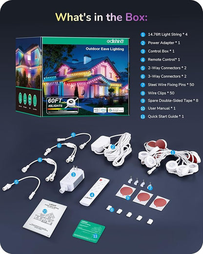EDISHINE 60ft Permanent Outdoor Lights, 40 RGBW LED Lights Outdoor with App/Remote Control, 50 Scene Modes for Daily and Accent Lighting, IP67 Waterproof Smart Outdoor Lights