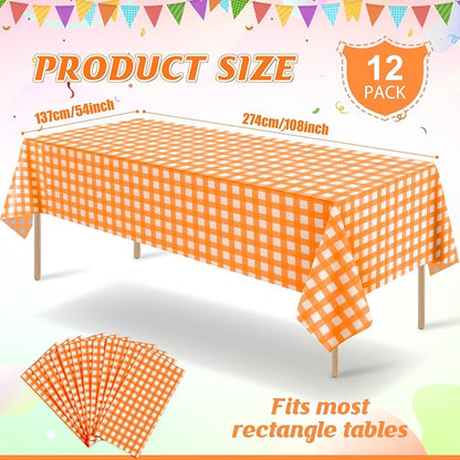 12Pcs Orange Gingham Tablecloths, Fall Checkered Table Covers 54x108 In | Orange and White Checkered Tablecloths Disposable Waterproof for Fall Picnic Halloween Barbecue Birthday Outdoor Party