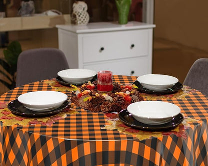 Disposable Checkered Tablecloth Round Plastic Buffalo Plaid Table Cloth 84'' Gingham Tablecover for Picnic Camping BBQ Graduation Party (Orange Black,6 Pieces)