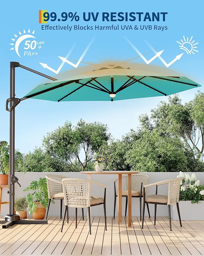 GarveeLife 10FT Patio Umbrella Outdoor Solar LED Large Cantilever Umbrella Market Sun Shade Windproof Offset Umbrella with 360-Degree Rotation for Garden Deck Pool Patio