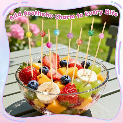 200PCS Cocktail Picks, Colored Pearl Fancy Toothpicks for Appetizers, 4.7 IN Long Decorative Bamboo Skewers, Wooden Garnish Sticks for Food Drinks Fruit Charcuterie Boards Accessories Party Supplies
