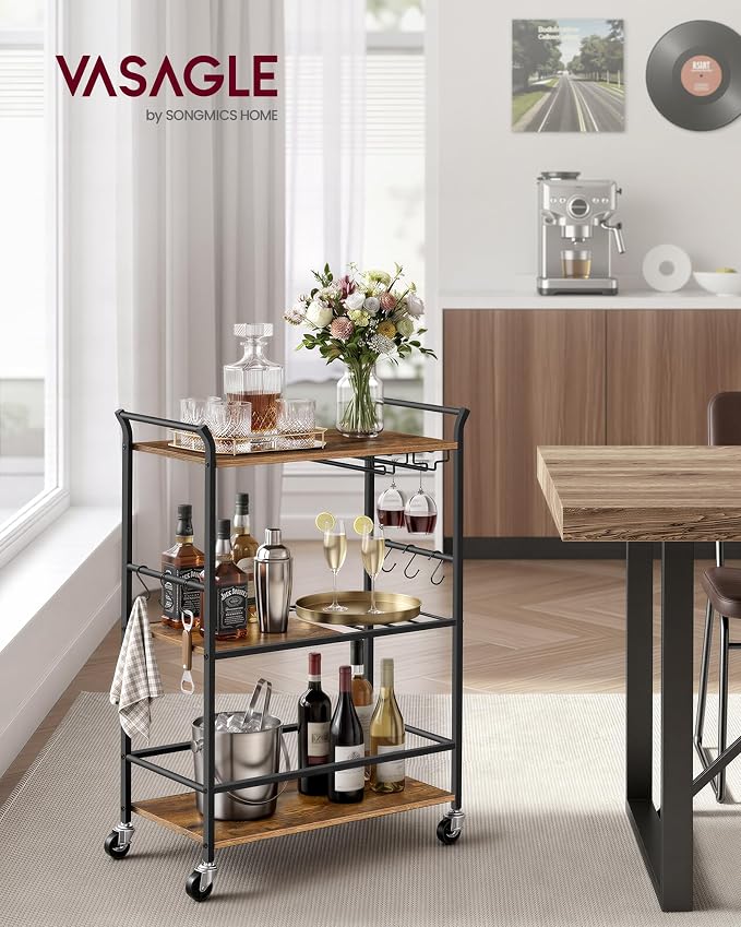 VASAGLE 3-Tier Bar Cart, Steel Serving Cart on Wheels with Wine Rack and Glass Holder, 25.4 x 12.6 x 33.7 Inches, Rustic Brown, for Kitchen and Living Room, Barnet Collection ULRC200K101