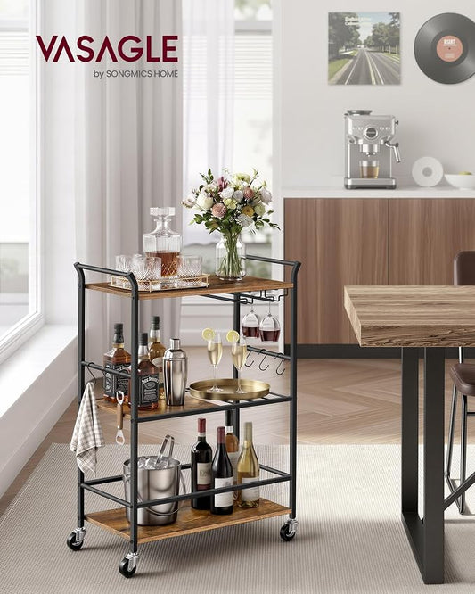 VASAGLE 3-Tier Bar Cart, Steel Serving Cart on Wheels with Wine Rack and Glass Holder, 25.4 x 12.6 x 33.7 Inches, Rustic Brown, for Kitchen and Living Room, Barnet Collection ULRC200K101