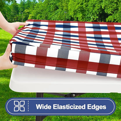 Smiry 5FT Picnic Table Cover with Bench Covers, Elastic Fitted Tablecloth | Waterproof Washable Rectangle Tablecloths ,Buffalo Plaid Tablecloth for Dining, Camping, Outdoor (Red & Blue, 30" x 60")