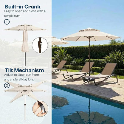 Patio Umbrella, 2 Tier Outdoor Table Umbrella, Large Vented Market Umbrellas with Push Button Tilt and Crank, 8 Sturdy Ribs for Backyard, Deck, Pool, UPF50+ UV Protection