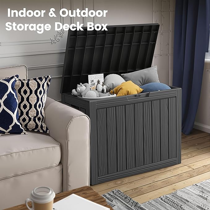 45 Gallon Outdoor Storage Box, Waterproof Resin Deck Box with Side Handles, Lockable Outdoor Bench for Indoor & Outdoor Use, Storage Bin for Patio Cushions, Garden Tools, Black