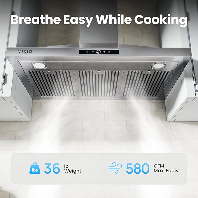 VIKIO HOME 36 Inch Wall Mount Range Hood 580CFM Low Noise Touch Control | Ducted/Ductless Convertible, Stainless Steel Kitchen Vent Hood with 3-Speed Fan and LED Lights