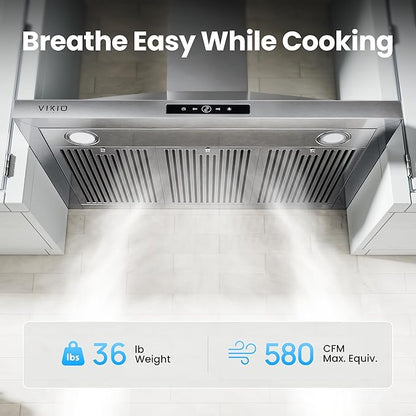 VIKIO HOME 36 Inch Wall Mount Range Hood 580CFM Low Noise Touch Control | Ducted/Ductless Convertible, Stainless Steel Kitchen Vent Hood with 3-Speed Fan and LED Lights