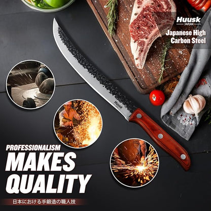 Huusk Breaking Knife 10 Inch-Hand Forged Carving Knives for Meat Japanese Cimeter Curved Blade Butcher Knives Professional with Leather Sheath for Camping Outdoor BBQ
