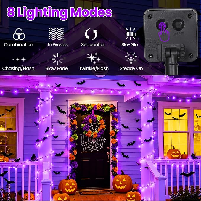 Purple Halloween Lights Outdoor Solar String Lights Waterproof for Halloween Decorations, Total 100LED 45FT for Garden Yard Pathway Fence, 8 Modes 50LED x 2 Packs