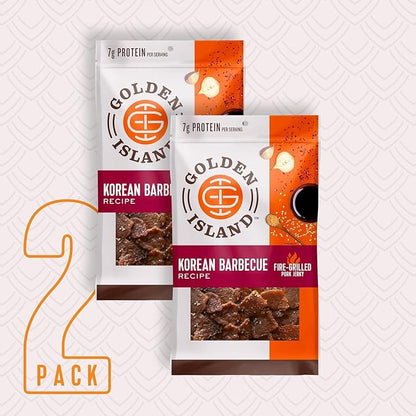 Golden Island Korean BBQ Pork Jerky - (4 Pack) 9 oz Resealable Bag - Fire-Grilled Specialty Meat Snack - Sweet & Savory Protein Snack - 7g Protein per Serving - Made with 100% All-Natural Pork
