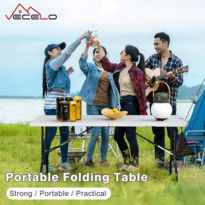 VECELO 6 ft Picini Table with Thickened Top | Removable Mesh Bag | Strong Side Support, 500lbs Weight Capacity Folding Table, Indoor & Outdoor, with Carrying Handle,White