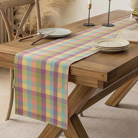 Urban Villa Easter Checks 100% Cotton Fused Table Runner, 14" x 72" Inches, Checkered/Plaid Pattern, Heavy Duty, Machine Washable, Eco-Friendly, Food Safe